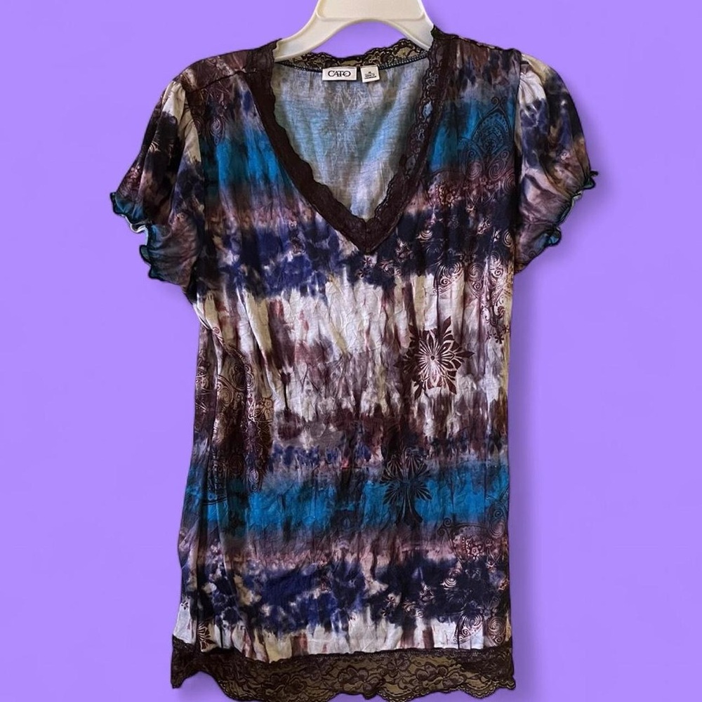 Cato Brown and Blue Tie-Dye V-Neck Lace Trim Top